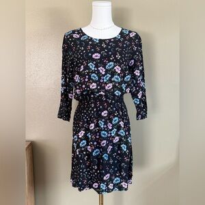 H&M Divided Black Floral Long Sleeve Mini Pullover Dress Cinch Waist Size 10